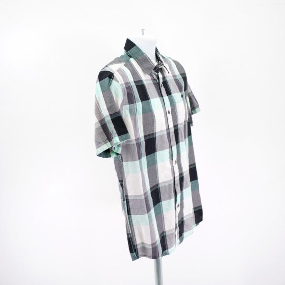 DAMAGED Amplify Black White Gray Plaid Small Button Front Dress Shirt Short Slee - Picture 9 of 12